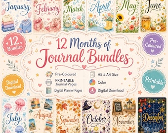 12 Month Journal Bundle, 300 Printable Planner Pages, 25 Pages Each Month, A5 & US Letter, Pre-Coloured Digital Download