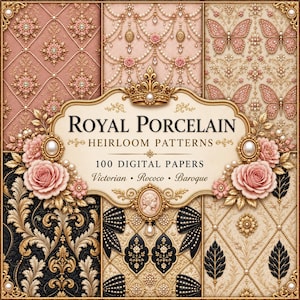 Puede incluir: Una colección de papeles digitales titulada Royal Porcelain Heirloom Patterns que incluye 100 diseños. La muestra presenta varios patrones, incluyendo celosías florales rosas, rosas adornadas con perlas, mariposas y motivos de damasco en negro y oro.
