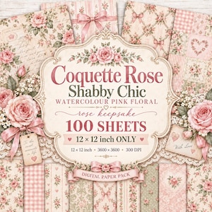 Coquette Rose Digital Paper Bundle, 100 Shabby Chic Floral Papers, Pink Watercolor Scrapbook Paper, Rose Keepsake  Digital Paper #108