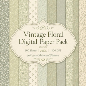 Może przedstawiać: Kolekcja arkuszy papieru cyfrowego z różnymi botanicznymi i kwiatowymi wzorami w odcieniu delikatnej szałwii. Centralna etykieta zawiera tekst: Vintage Floral Digital Paper Pack, 100 Sheets, 300 DPI oraz Soft Sage Botanical Patterns ciemną czcionką.