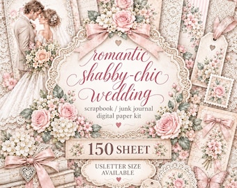 Romantic Shabby Chic Wedding Junk Journal Kit, 150 Page Printable Scrapbook Bundle, Blush Floral Wedding Digital Papers, Fussy Cut