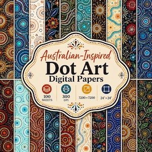 Australian Inspired Dot Art  Digital Paper, 100 Patterns, Boho Tribal Printable Backgrounds, 300 DPI, 7200x7200 PNG