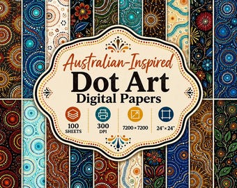 Australian Inspired Dot Art  Digital Paper, 100 Patterns, Boho Tribal Printable Backgrounds, 300 DPI, 7200x7200 PNG