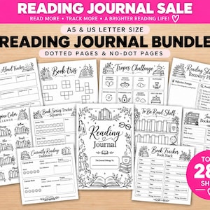 Pode incluir: Um conjunto de diário de leitura com páginas em formato A5 e carta dos EUA, com opções pontilhadas e sem pontos. A coleção inclui rastreadores para leituras em voz alta, séries de livros, cores de lombadas e livrarias independentes.