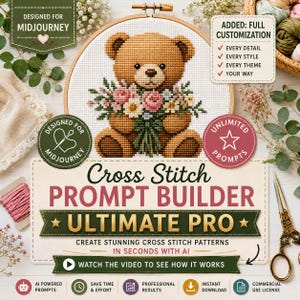May include: A digital graphic for a Cross Stitch Prompt Builder Ultimate Pro featuring a cross-stitched brown teddy bear holding a bouquet of pink and white flowers in a wooden hoop, surrounded by text labels and icons for AI design tools.