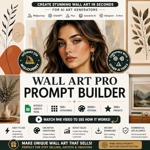 Könnte beinhalten: Ein digitales Tool namens Wall Art Pro Prompt Builder für KI-Kunstgeneratoren. Es zeigt ein zentrales Porträt, Symbole für Midjourney und ChatGPT sowie Text mit Angaben zu über 100 Kategorien, 3000+ Optionen und 300+ Voreinstellungen für Wandkunst.