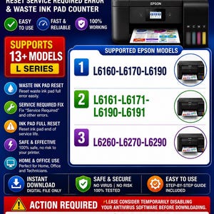 Könnte beinhalten: Ein digitales Epson-Tool zum Zurücksetzen des Resttintenbehälter-Zählers für L-Serie-Drucker. Die Grafik zeigt einen schwarzen Drucker, listet unterstützte Modelle wie L6160, L6170, L6190, L6161, L6171, L6191, L6260, L6270, L6290 auf und enthält Antiviren-Hinweise.