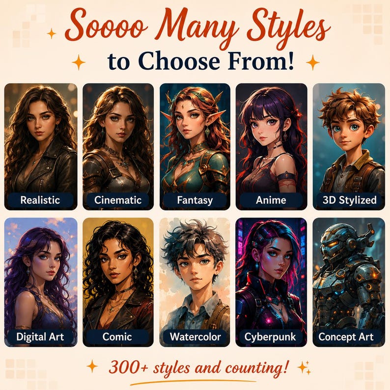May include: A digital display featuring the text "Soooo Many Styles to Choose From!" and "300+ styles and counting!" above and below a grid of ten diverse character portraits, each labeled with a specific art style including Realistic, Cinematic, Fantasy, Anime, 3D Stylized, Digital Art, Comic, Watercolor, Cyberpunk, and Concept Art.