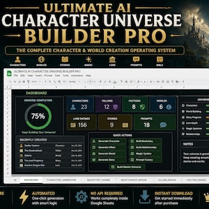 Può includere: Un modello digitale di Google Sheets intitolato Ultimate AI Character Universe Builder Pro. La dashboard mostra le statistiche di completamento dell'universo, il conteggio dei personaggi, le voci di lore e i pulsanti di azione rapida.