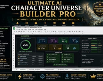 Ultimate AI Character Universe Builder Pro, Google Sheets World Building System, Character Generator, Story Creator, RPG Writer Tool