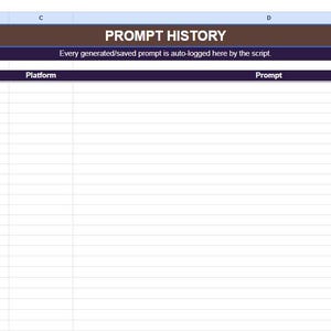 May include: A digital spreadsheet interface featuring a brown header row labeled PROMPT HISTORY in white text, a dark purple sub-header row with white text, and a dark purple row containing the column headers Timestamp, Action, Platform, and Prompt.