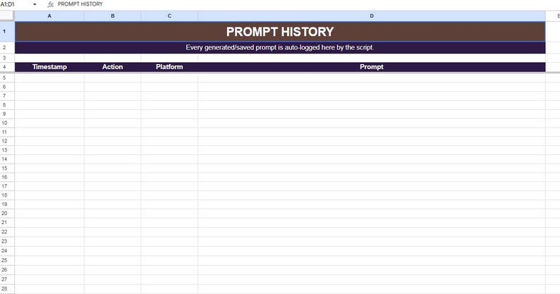 May include: A digital spreadsheet interface featuring a brown header row labeled PROMPT HISTORY in white text, a dark purple sub-header row with white text, and a dark purple row containing the column headers Timestamp, Action, Platform, and Prompt.