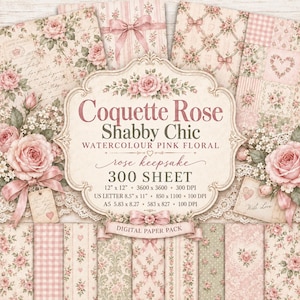 Coquette Rose Digital Paper Bundle, 300 Shabby Chic Floral Papers, Pink Watercolor Scrapbook Paper, Rose Keepsake  Digital Paper #108
