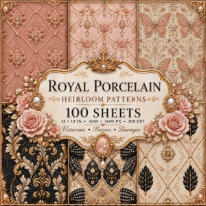 300 Royal Porcelain Vintage Heirloom Patterns, Luxury  Digital Papers, Victorian Rococo Baroque, Digital Download   #4