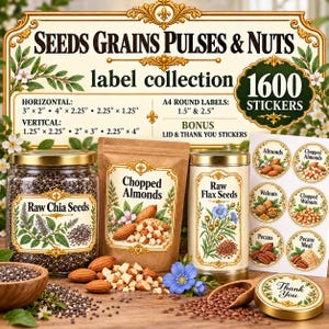 May include: A collection of 1600 labels for seeds, grains, pulses, and nuts. The set includes various horizontal and vertical sizes in inches, plus round labels. The display features jars and bags with botanical illustrations and text labels.