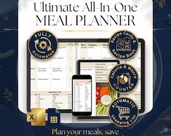 May include: A digital meal planner for Google Sheets and Excel featuring a tablet and smartphone displaying spreadsheets with ingredient lists, calorie counters, and recipe books. Gold circular badges highlight features like fully automated, recipe cards, calorie and macro counter, and automatic shopping list.