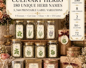 Vintage Pantry Labels Collection | Botanical Kitchen Organisation , Culinary Herbs Printable Label Collection Herbal Jars (Digital Download)