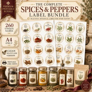 May include: A printable label bundle featuring 260 unique names for spices and peppers. The set includes A4 sheets with circular botanical labels for various herbs and spices, alongside glass jars and a pouch labelled with the same vintage-style design.