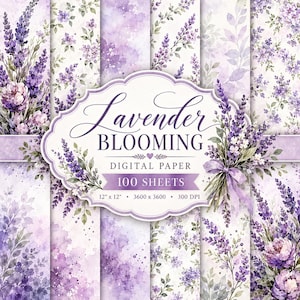 May include: A collection of digital paper sheets featuring lavender floral patterns in shades of purple, violet, and white. The central label displays the text Lavender BLOOMING DIGITAL PAPER 100 SHEETS 12" x 12" 3600 x 3600 300 DPI.