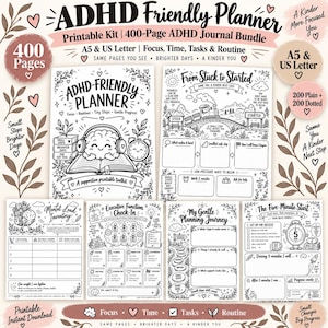 May include: A printable ADHD Friendly Planner kit featuring 400 pages in A5 and US Letter sizes. The black and white pages include titles like Mental Load Inventory, Executive Function Check-In, My Gentle Planning Journey, and The Five-Minute Start.
