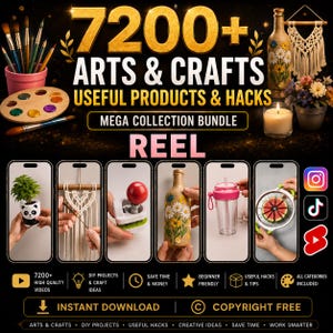 May include: A digital promotional graphic for a 7200+ arts and crafts bundle. The image features text reading 7200+ ARTS & CRAFTS USEFUL PRODUCTS & HACKS MEGA COLLECTION BUNDLE REEL. It displays various craft projects, including a panda planter, macrame, a bottle, and a watermelon slicer.