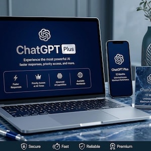 May include: A laptop, smartphone, and card display the "ChatGPT Plus" logo. The laptop screen reads "Experience the most powerful AI, faster responses, priority access, and more." The smartphone and card show "12 Months Unlimited Access Maximum Performance."