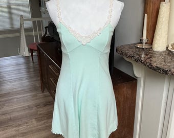 Vintage Victorias Secret Mint Green Knit Slip Dress Lace Trim Size Small Rare