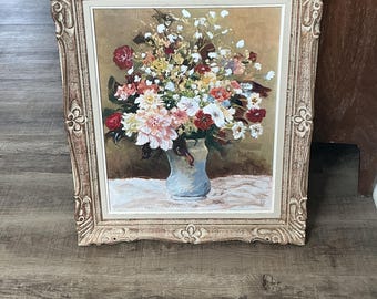 Vintage Stillleben Blumenstrauß Ölgemälde Vase Vtg Rahmen Saracheks Gallery 22x26