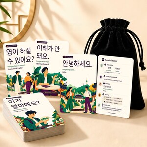 Könnte beinhalten: Ein Set von Koreanisch-Lernkarten mit farbenfrohen Illustrationen von Personen in verschiedenen Umgebungen, koreanischem Text, Transkription und englischen Übersetzungen, ergänzt durch einen schwarzen Kordelzugbeutel aus Samt.