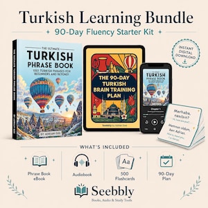 May include: A Turkish learning bundle featuring The Ultimate Turkish Phrase Book, a tablet displaying The 90-Day Turkish Brain Training Plan, a smartphone showing an audiobook interface, and a stack of flashcards with Turkish phrases and English translations.