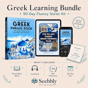 Può includere: Un pacchetto di apprendimento della lingua greca con un libro di frasi, un audiolibro, 500 flashcard e un piano di 90 giorni. Il libro di frasi e il piano di allenamento del cervello sono disponibili digitalmente. Il pacchetto include un libro di frasi con 1001 frasi.