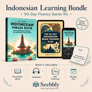 Może przedstawiać: Zestaw do nauki języka indonezyjskiego zawierający rozmówki, tablet z planem treningu mózgu, smartfon z audiobookiem oraz stos fiszek. Tekst zawiera "Indonesian Learning Bundle", "90-Day Fluency Starter Kit" oraz "Instant Digital Download".