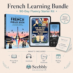 May include: A French learning bundle includes a phrase book, tablet, and smartphone with the text "French Phrase Book" and "French Brain Training Plan". The bundle also includes flashcards, an audiobook, and a 90-day plan. The Eiffel Tower is featured in the illustrations.