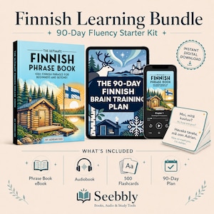 May include: A Finnish Learning Bundle featuring The Ultimate Finnish Phrase Book, a tablet displaying The 90-Day Finnish Brain Training Plan, a smartphone showing an audiobook, and a stack of flashcards with Finnish phrases and English translations.