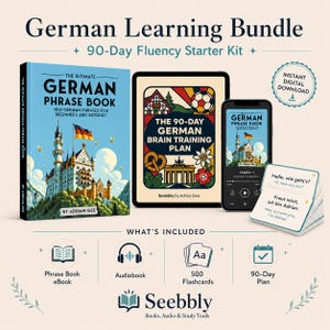 May include: A German language learning bundle featuring a phrase book, e-book, audiobook, flashcards, and a 90-day plan. The phrase book cover displays a castle with a German flag. The tablet and phone show the German Brain Training Plan and the phrase book.