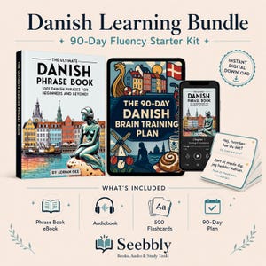 May include: A Danish learning bundle featuring a book titled The Ultimate Danish Phrase Book, a tablet displaying The 90-Day Danish Brain Training Plan, a smartphone showing the phrase book, and a stack of flashcards with Danish and English text.