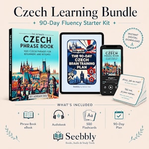 Pode incluir: Pacote de aprendizagem da língua checa com um livro de frases, audiolivro, flashcards e um plano de 90 dias. A capa do livro de frases mostra uma ilustração colorida de uma cidade europeia. Inclui um tablet e um smartphone.