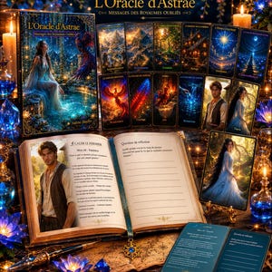 May include: An oracle card deck titled L'Oracle d'Astrae featuring a box, an open illustrated guidebook, and several cards with fantasy imagery. The set includes a bookmark, a pen, and cards depicting landscapes, a phoenix, and human figures.