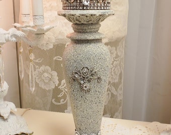 Crown Handmade Rhinestone Metal Candlestand Stone Look Embellished Ornate