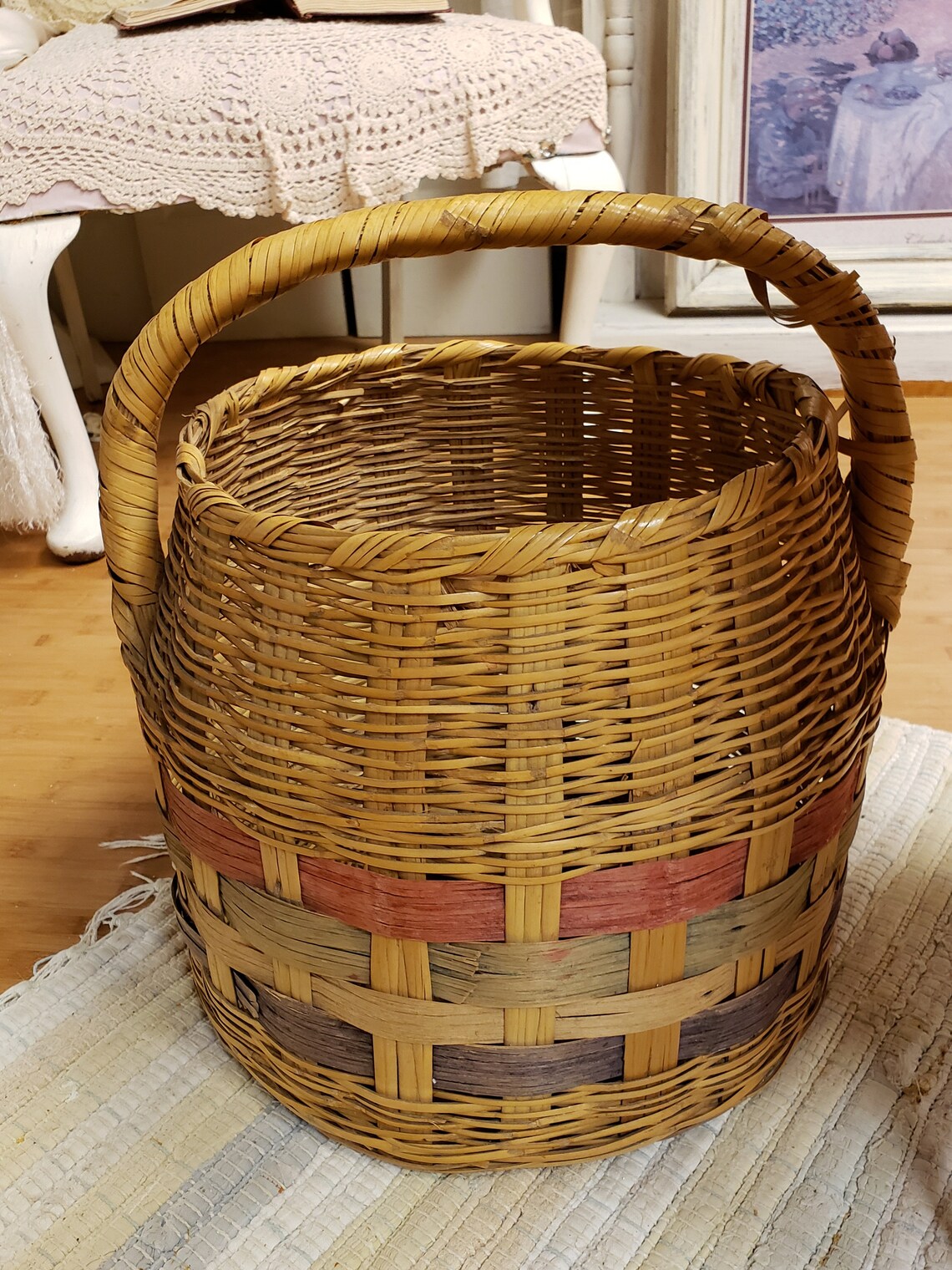 Vintage Woven Basket Handle Lid Shabby Cottage Chic Prairie Etsy