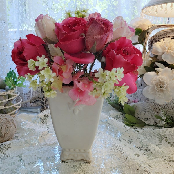 Floral Roses Ceramic Vase Fleur de Lis Tabletop  Romantic Cottage Core FREE Shipping
