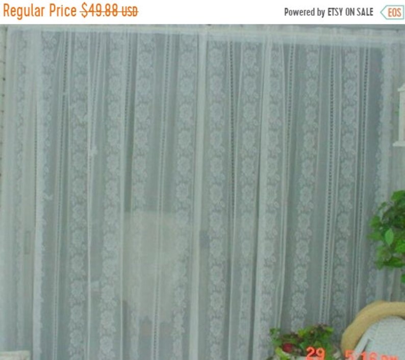Summer Sale Vintage Lace Curtains White Stripes Roses Romantic Etsy