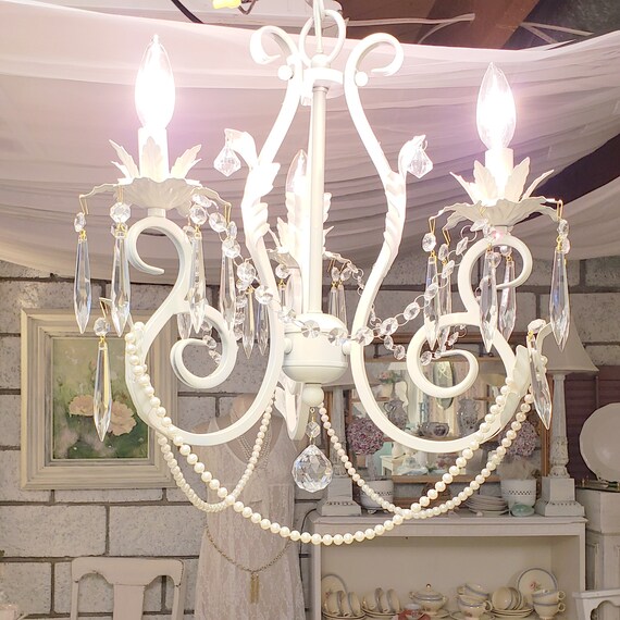 Vintage Chandelier Painted Crystal Prisms Rope Pearl Image 0