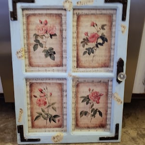 Vintage Window Frame Floral prints Metal Braces Glass Knob Shabby Chic Cottage Core