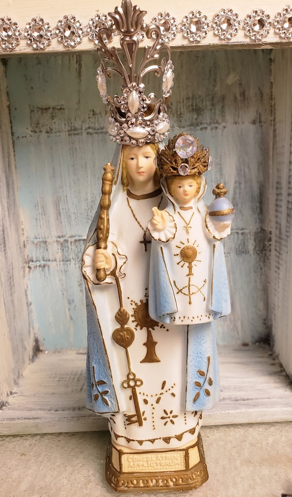 Virgin Mary Jesus Statue Embellished Crowns shabby French Nordic altered  Santos religious statues