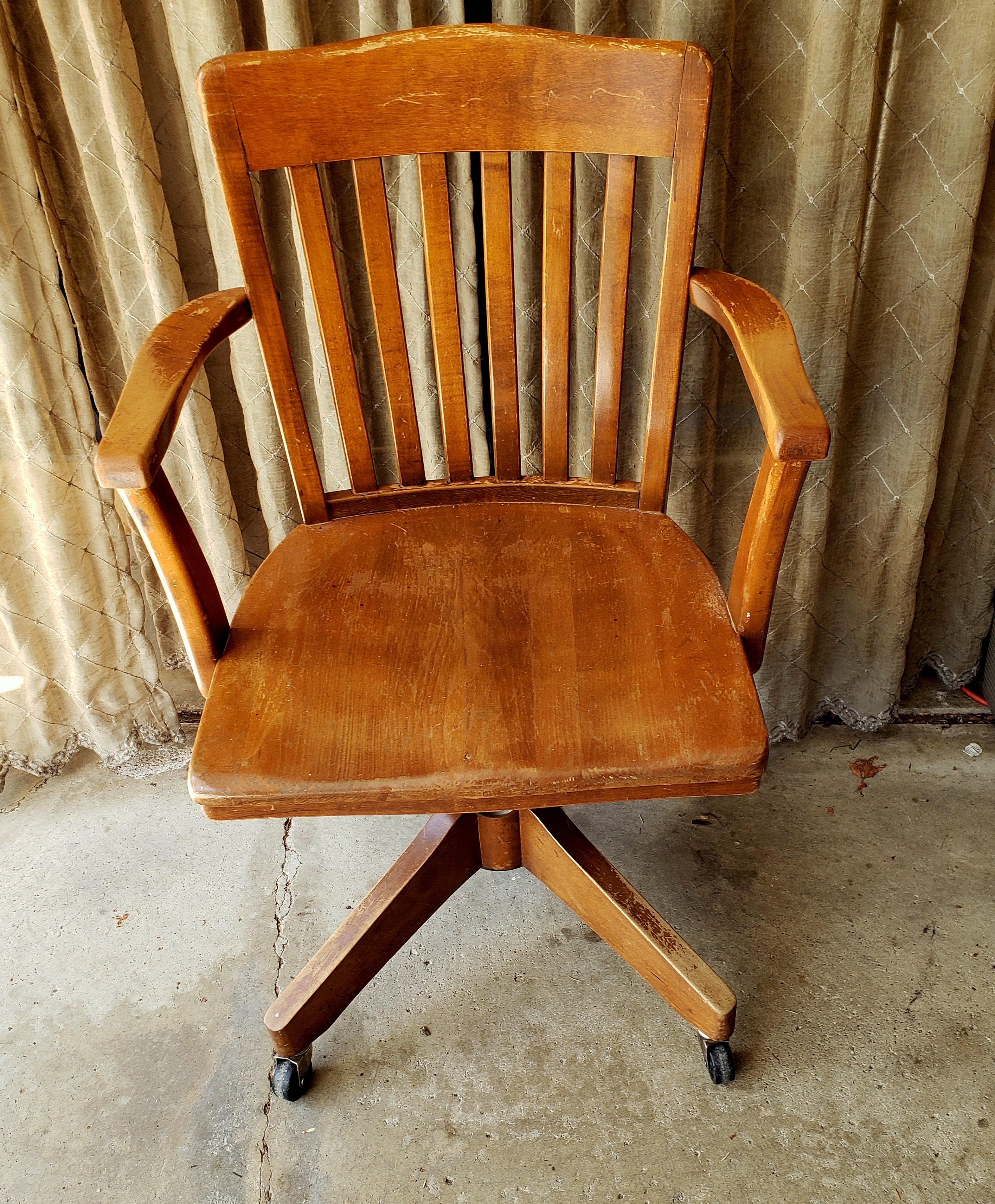 Oak Desk Chair Vintage Office Armchair Swivels Casters Rustic | Etsy