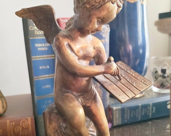 Brass Cherub Scribe Statue Vintage Pedestal French Cottage Chic  Cottage Core