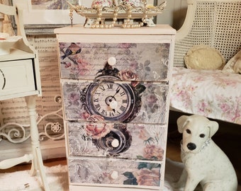 Nightstand Mini Dresser Decoupage French Country Chalkpainted Tes Rose Romantic Shabby Chic Cottage Core