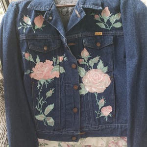 Denim Jacket with Pink Rose Appliques: Prairie Chic Style