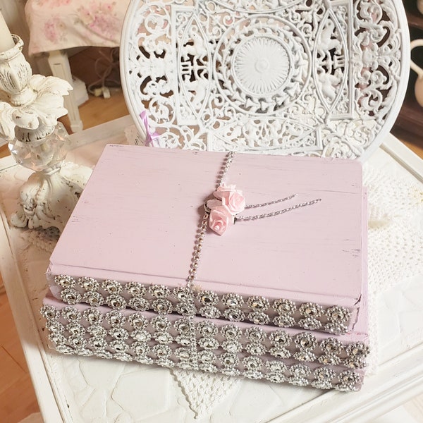 Painted Books Embellished Rhinestones Pink Staging Decor Cottage Romantic Shabby Chic FREE SHIPPING